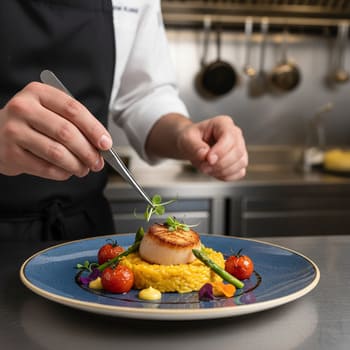 Рука шефа наносит финальный штрих на тарелке