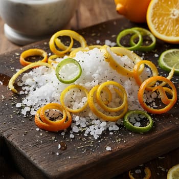 Зёрна цитрусовой соли на тёмной керамике