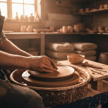 Руки на гончарном круге формируют тарелку