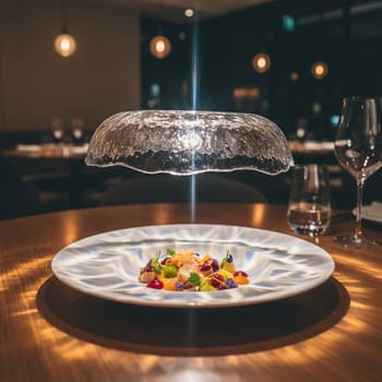 Преломление света через стекло над керамической тарелкой