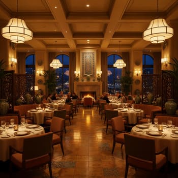 Ночной зал ресторана с тёплыми отражениями на керамике