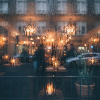 Капли конденсата на бокале у окна вечернего зала