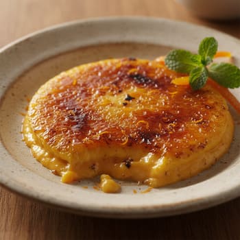 Апельсиновое брюле с сахарной корочкой на керамической тарелке