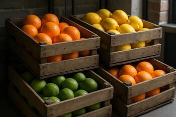 Ящики с цитрусами на складе