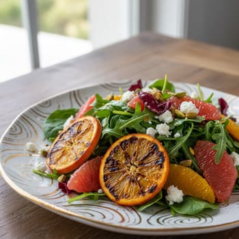 Салат с грейпфрутом и обожжённым апельсином на авторской тарелке