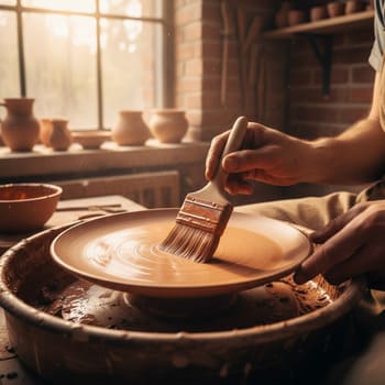 Руки мастера обжигают керамическую тарелку — глазурь мерцает тёплым оттенком терракоты
