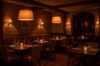 Зал ресторана в тёплом свете, блеск глазури на тарелках