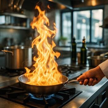 Пламя на сковороде в открытой кухне