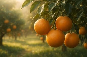 Утренняя грейпфрутовая роща: тёплый свет и росинки на листьях