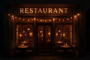 Фасад ресторана вечером с тёплой подсветкой