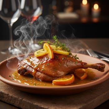 Утка с цитрусовым соусом и дымком, подача на тёплой глине