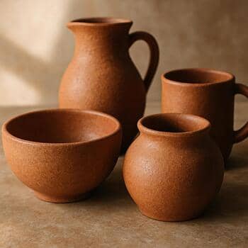Каменная керамика терракотовых оттенков на столе