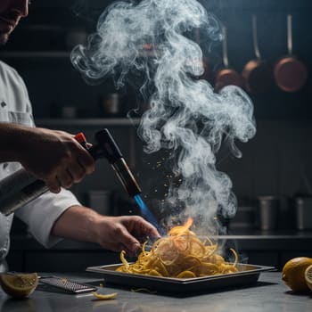 Факел карамелизует лимонную цедру на краю тарта