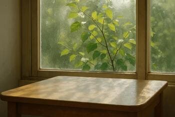 Столик у окна днём: свет, фактура глазури и листья за стеклом