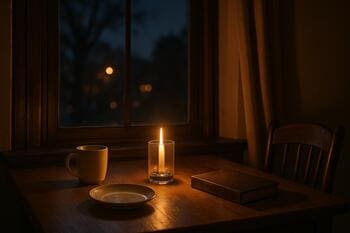 Столик у окна ночью: тёплые блики и свеча на столе