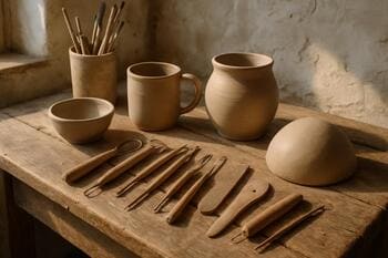 Верстак с гончарными инструментами и сырой глиной