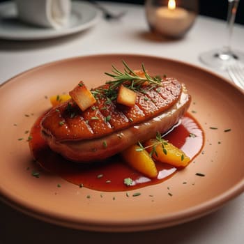 Утка с апельсиновым редукцией на тёплой глине