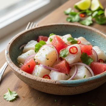 Севиче с грейпфрутом в керамической миске