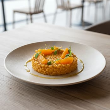 Ризотто с мандарином на светлой керамике