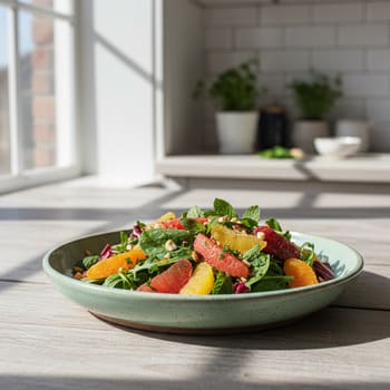 Салат с цитрусом и фундуком на керамической тарелке