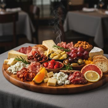 Деревянная доска с подборкой закусок и цитрусом