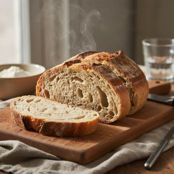 Тёплый заквасочный хлеб, нарезанный ломтями