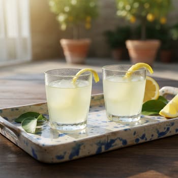 Два бокала лимончелло на керамическом подносе