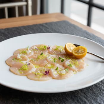 Крудо из гребешка с юдзу на керамической тарелке